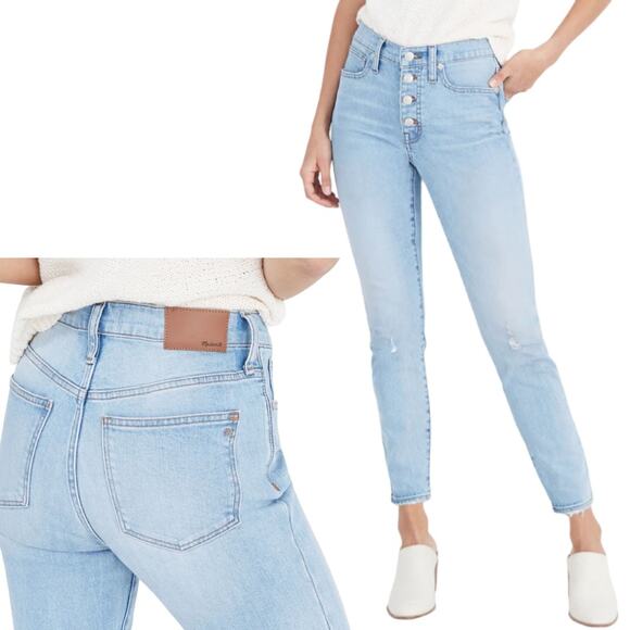 Madewell High Rise Skinny Button Fly Distressed Ankle Crop Jean Light Blue 31 - Picture 1 of 13